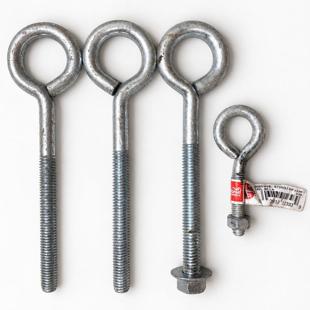 Lot of 4 Metal Threaded Eye Bolts with Nuts | Assorted Sizes